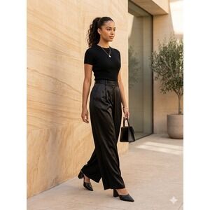 Fashion Nova Black Satin Wide Leg Pleated Pants Trousers Women's Size M Dressy